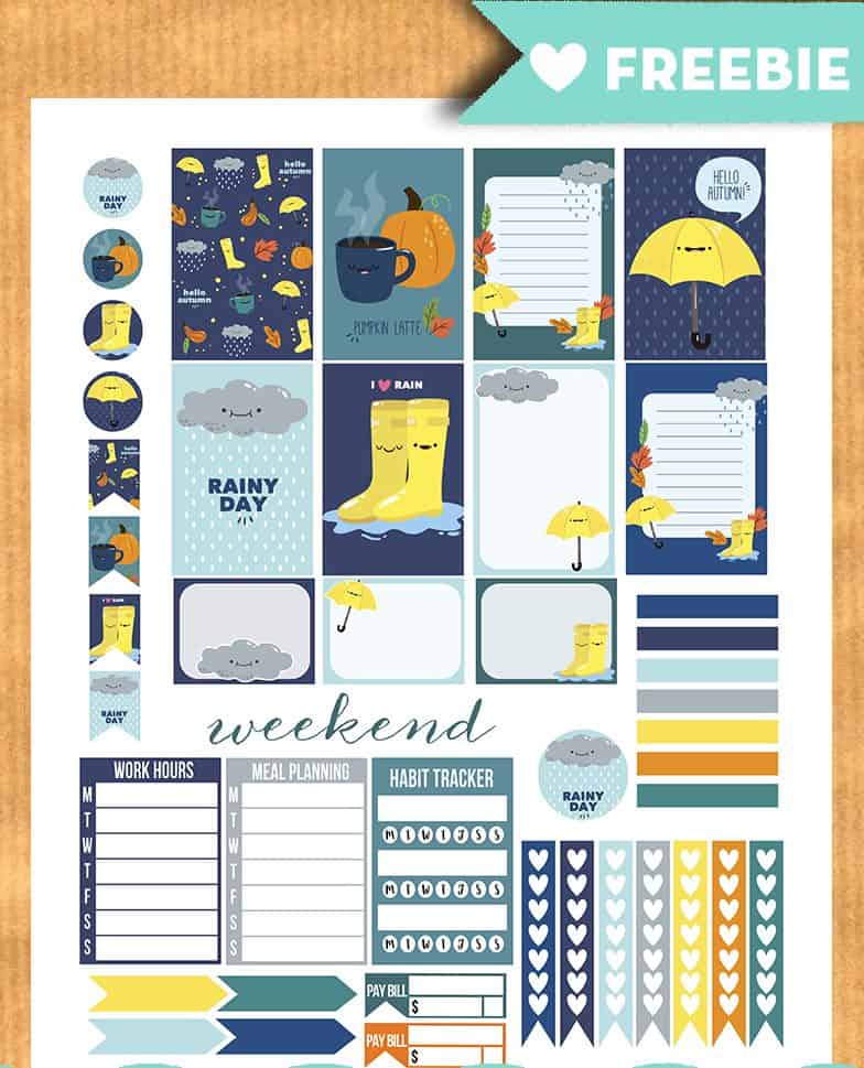 Rainy fall weekly kit planner stickers - Free printable