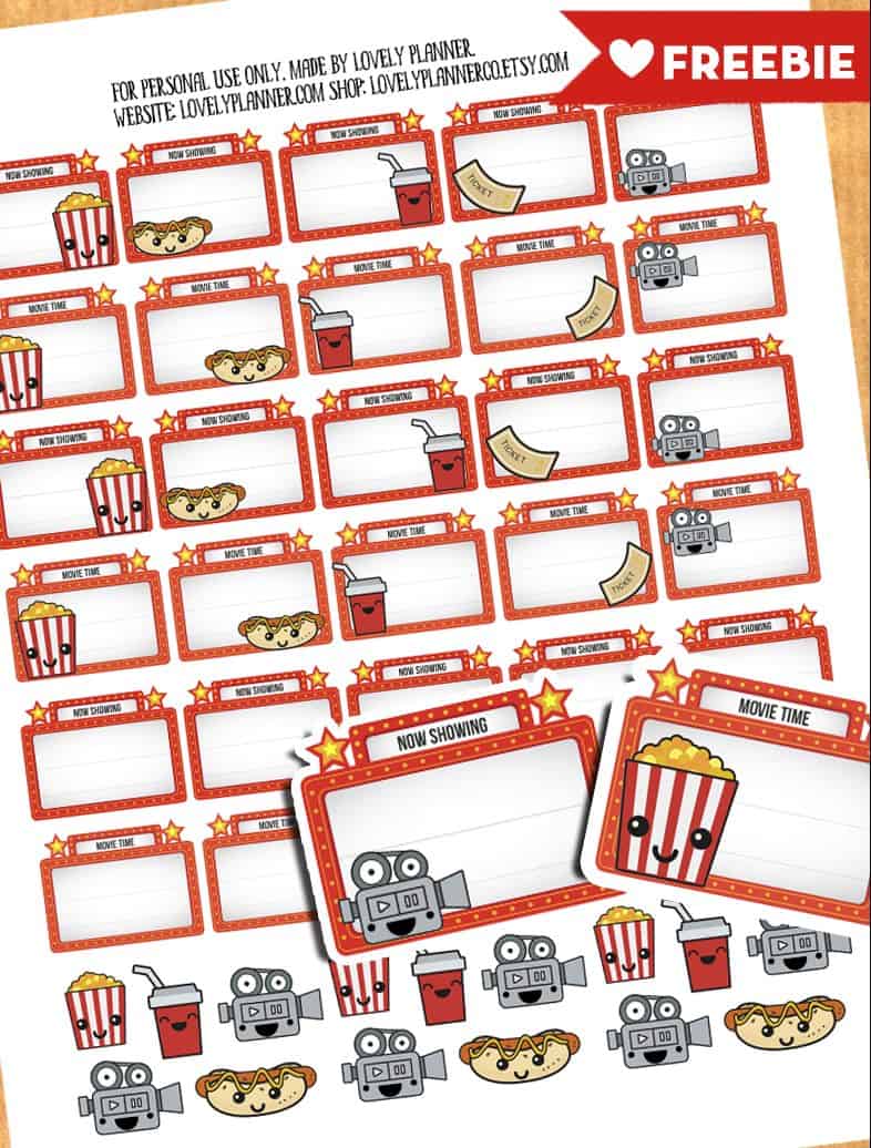 45 Cute Movie Night Planner Stickers - Free printable PDF & Cut file