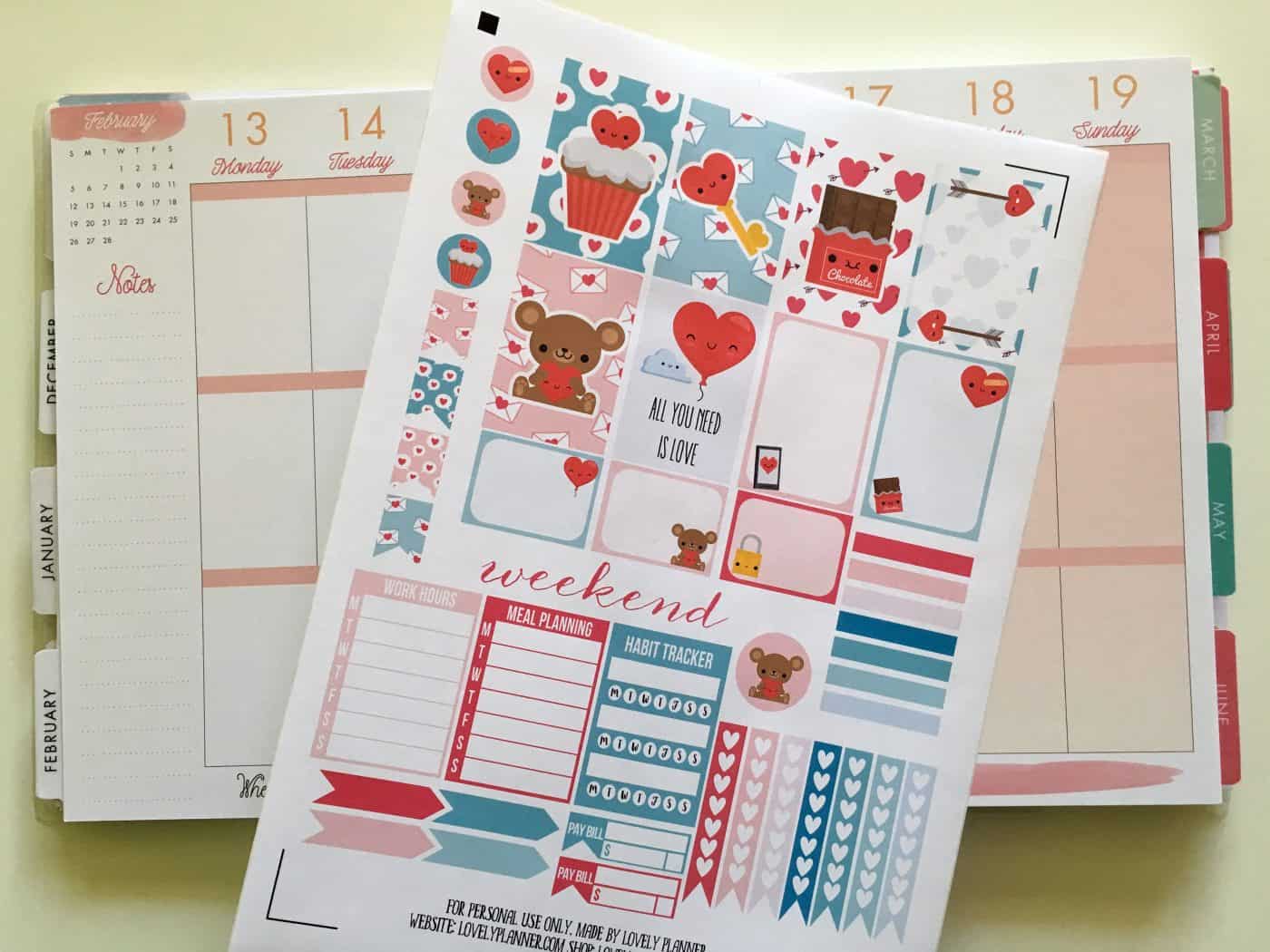 Love / Valentine's day planner stickers weekly kit - Free printable and cut file