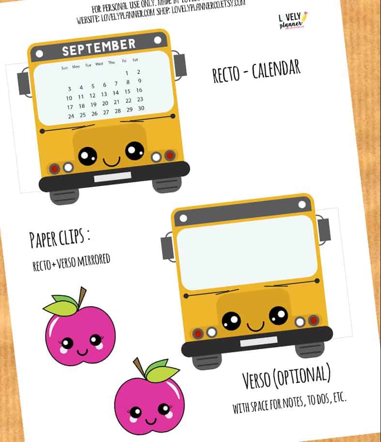 School Bus Calendar Divider + Paperclip for your planner