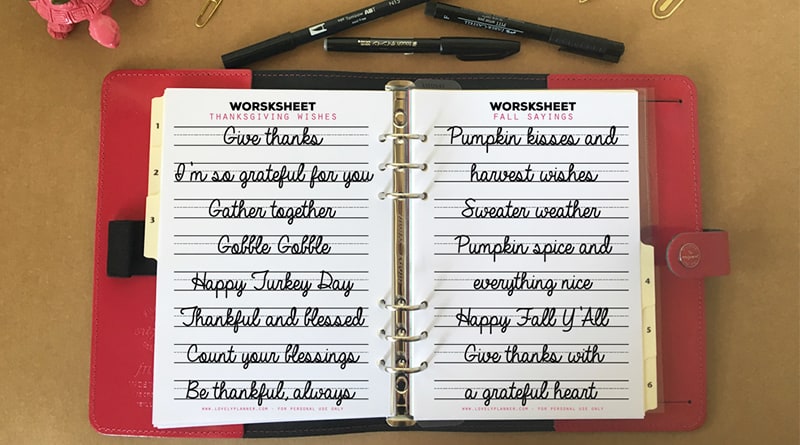 Free Lettering practice worksheets with fall and thanksgiving sayings, to celebrate the release of my new lettering practice workbook!