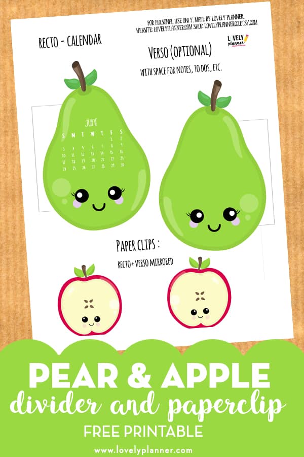 Free Printable Kawaii Pear and Apple calendar divider and paperclip