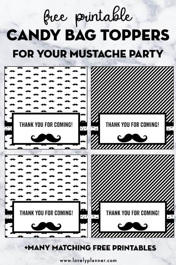Free Printable Candy Bag Toppers for your Mustache Party. Also check out the many matching monochromatic free printables I created to help you throw an awesome Mustache Party Baby Shower, Birthday... #freeprintable #party #mustacheparty #candybagtoppers