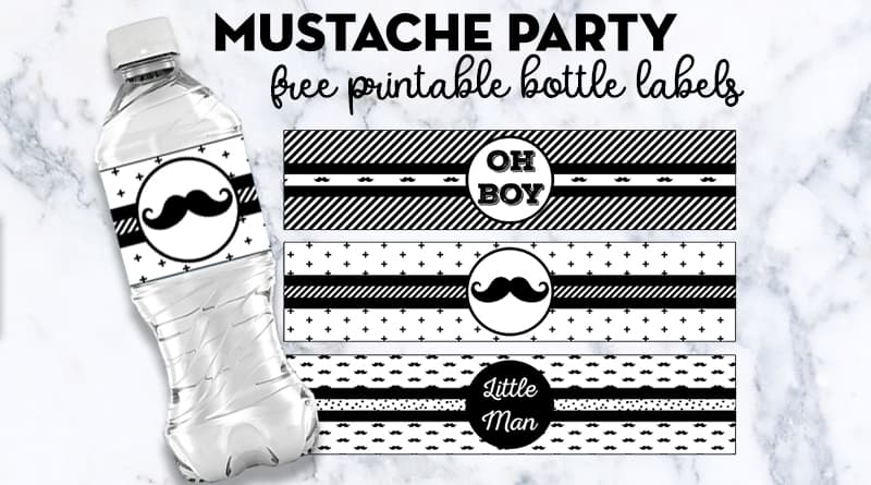 Free Printable Water Bottle Labels Mustache Party + many other matching free printables perfect to decorate your baby shower, baby's first birthday or any other event with Mustache Party theme! #mustacheparty #freeprintable #partyprintable #bottlelabels #babyshower #Birthday #lovelyplanner