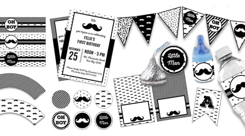 FREE Pack of 10 matching FREE Printables to decorate your Mustache Birthday, Mustache Baby Shower or Party: Alphabet banners, Editable invitations, Flag banners, Cupcake wrappers and toppers, Hershey kisses stickers, Baby bottle pop labels, Bottle labels, Food tents, Place cards, Candy bag toppers... #freeprintable #party #mustacheparty ##babyshower #lovelyplanner