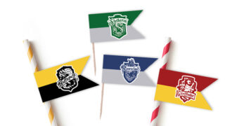Free Printable Mini Hogwart's Houses flags to use as cupcake toppers or straw flags for your Harry Potter Party #harrypotter #harrypotterparty #halloween #party #partydecor #flags #cupcaketoppers #strawflags #hogwarts #freeprintable