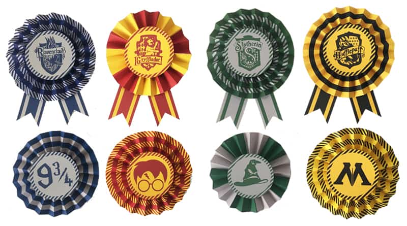 Free Printable Hogwart's Houses DIY Paper Award Ribbons for your Harry Potter Party Decoration or party favors. Many ways to use them! Gryffindor, Slytherin, Hufflepuff and Ravenclaw included!