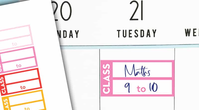 Free printable class schedule planner stickers in rainbow colors. They match with the other free school stickers and functional stickers available. #freeprintable #planner #Plannerstickers #class #school #lovelyplanner