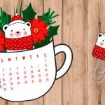 Free Printable Christmas floral Coffee cup calendar divider (dated OR Blank die cut) with cute bear paperclip to decorate your planner. #freeprintable #planner #bujo #kawaii #winter #christmas #lovelyplanner