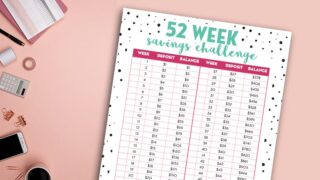 Free Printable 52 Week Savings Challenge to help you start saving money all year with realistic attainable goals. #freeprintable #money #budget #savings #lovelyplanner