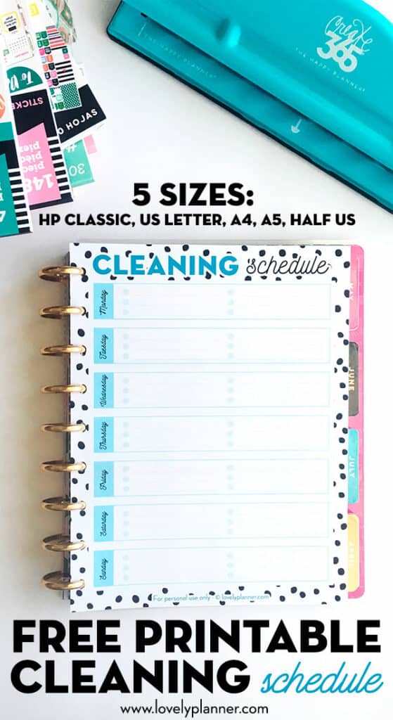Free Printable Cleaning Schedule (3 designs &amp; 5 sizes) - Lovely Planner