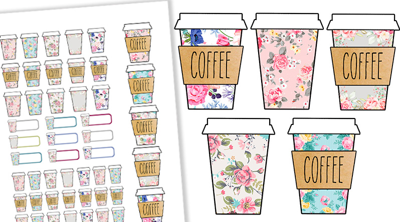 Free Printable Floral Coffee Cups Stickers