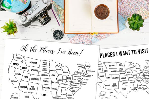 13 different Free Printable Bullet Journal USA Travel Maps Coloring Page
