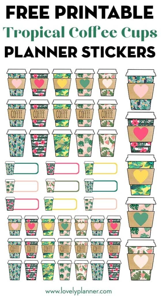 Free Printable Tropical Coffee Cups Stickers - Lovely Planner