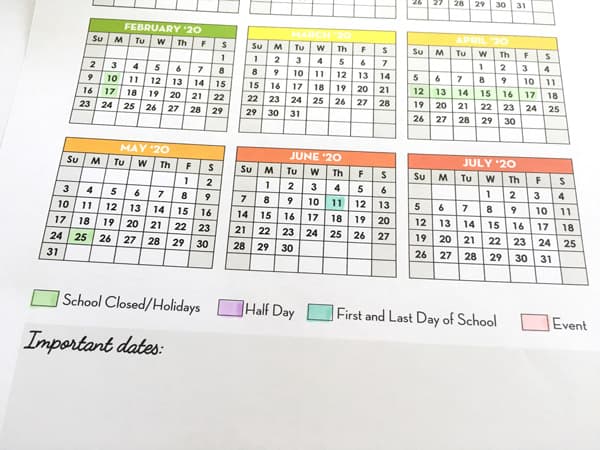 Free Printable 2019 2020 E Page School Calendar