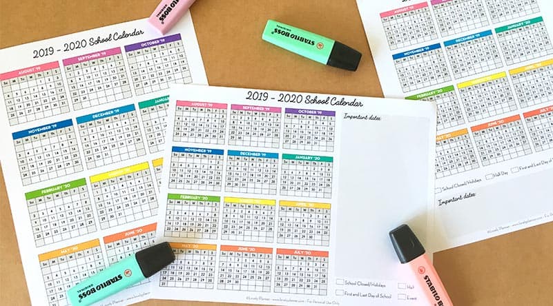 One Page School Calendar Free Printable - for School Year 2019-2020