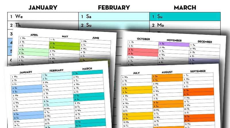 Free Printable 2020 Quarterly Calendar - Calendex Rainbow