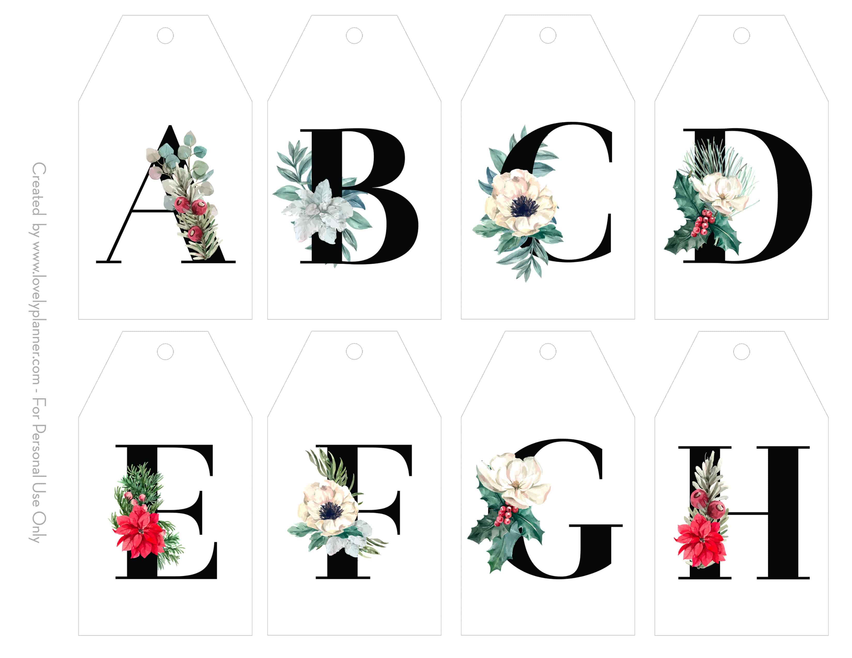 Free Printable Christmas Initial Gift Tags Floral Letters