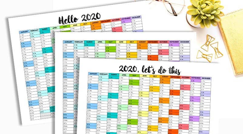 Free Printable 2020 One Page Calendar Rainbow Template