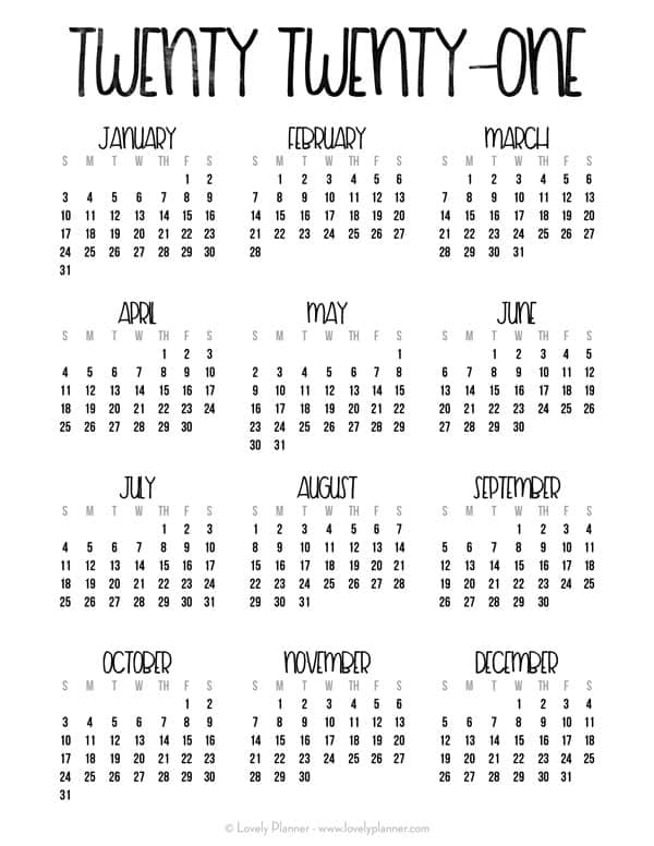 24 Pretty (& Free) Printable One Page Calendars for 2021 ...