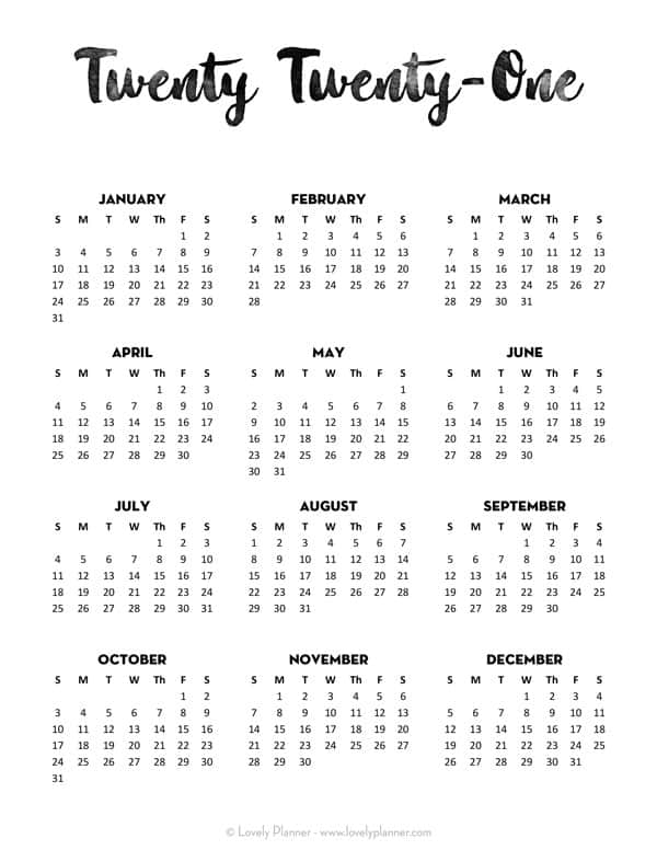 Free Printable Minimalist 2021 Calendar Templates