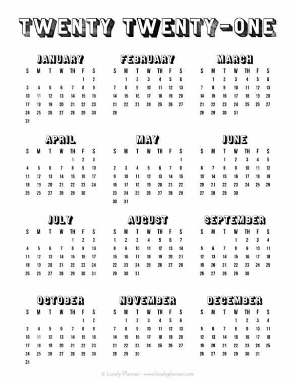 24 Pretty (&amp; Free) Printable One Page Calendars for 2021 - Lovely Planner