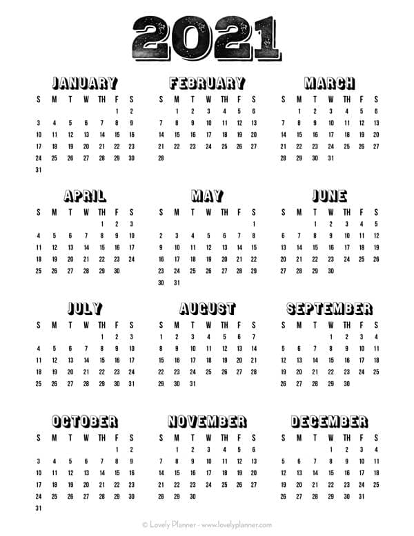 mini calendar 2021 free printable