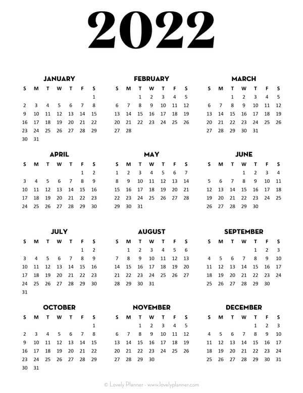 Calendar 2022 Printable One Page