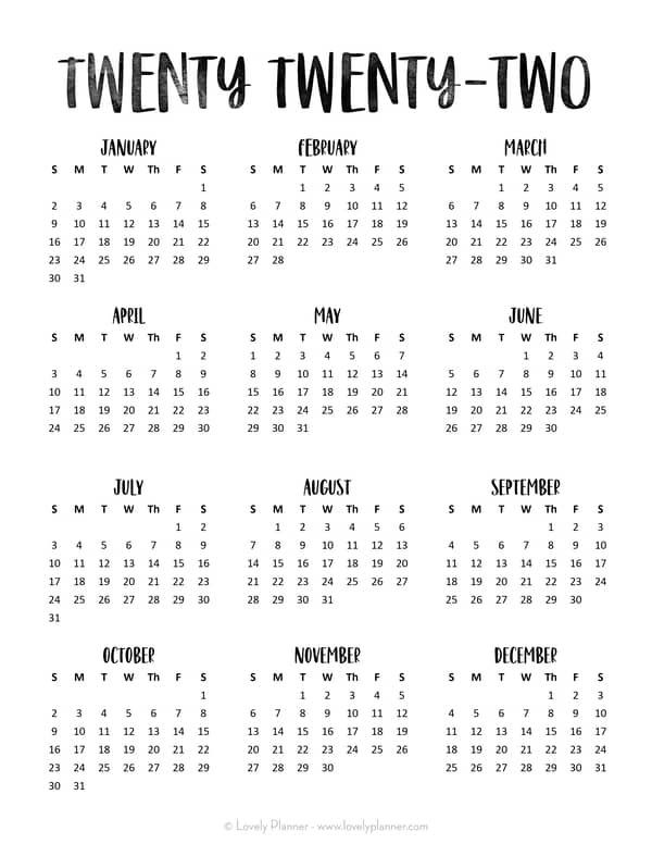 Printable 2022 One Page Calendar