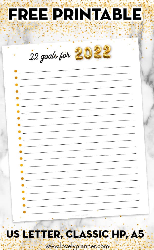 Free Printable 22 goals for 2022