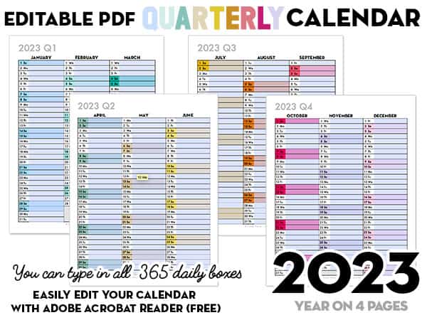 Editable PDF Quarterly Calendar 2023