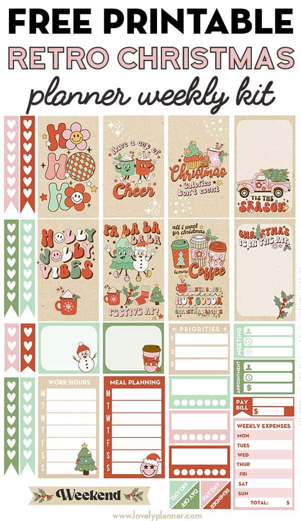 Free Printable Retro Christmas Planner Stickers - Weekly Kit - Lovely Planner