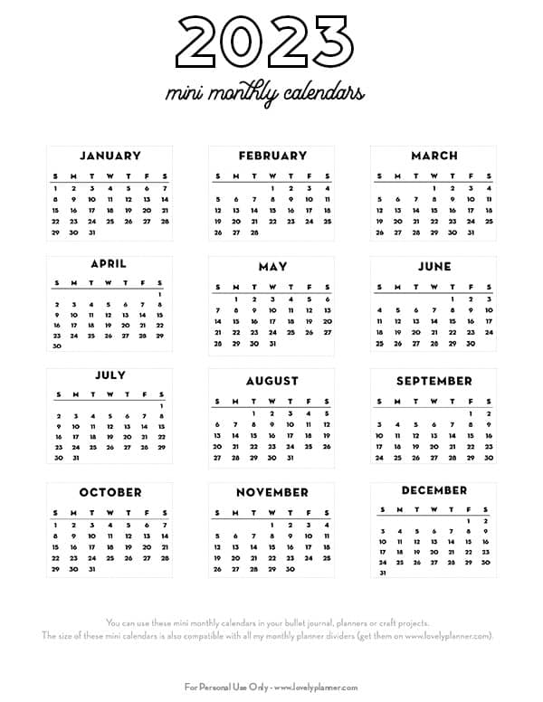 free printable 2023 bullet journal mini calendars