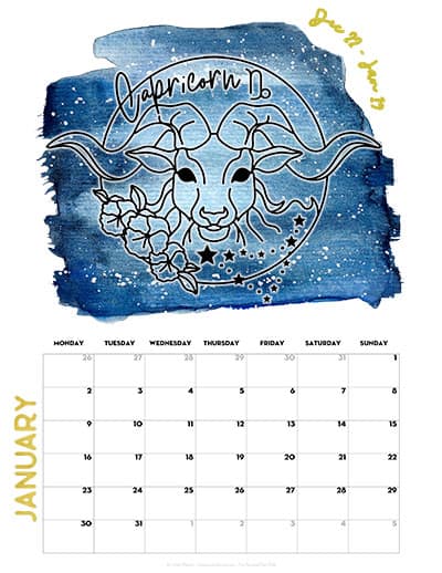 Free 2023 Zodiac Calendar Printable Monday Sunday Start