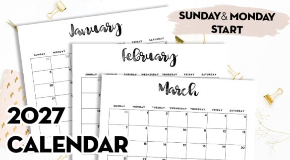 2027 monthly calendar free printable