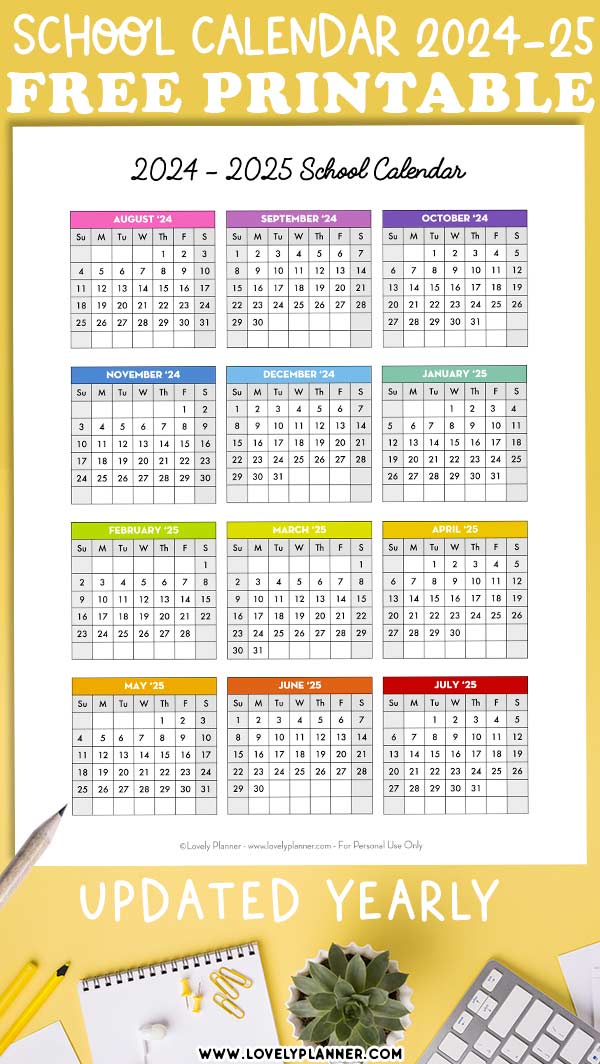 Free Printable School Calendar 2024-25 Academic Year