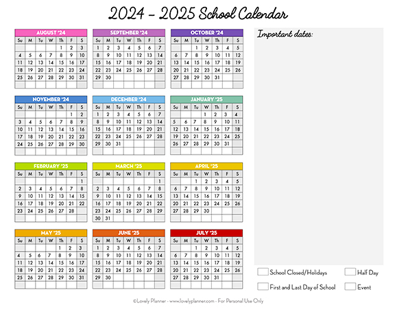 Free Printable School Calendar 2024-2025 Academic Year