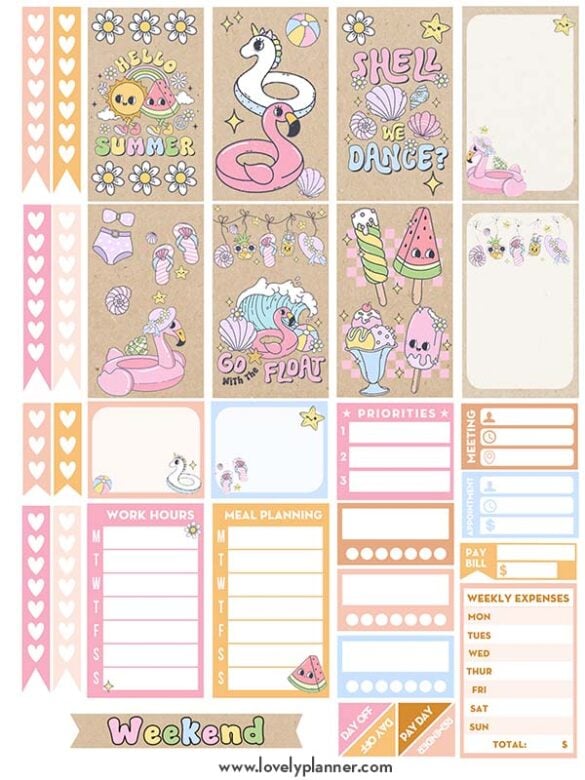 Free Printable Cute Summer Planner Stickers - Weekly Kit - Lovely Planner
