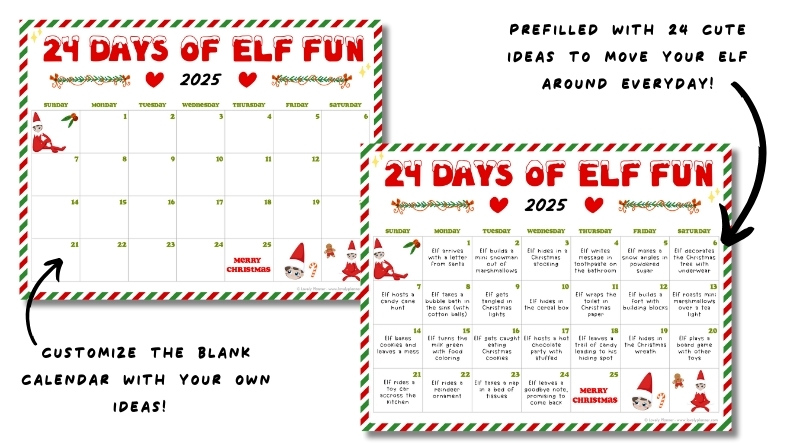 Printable 24 days of elf fun calendar