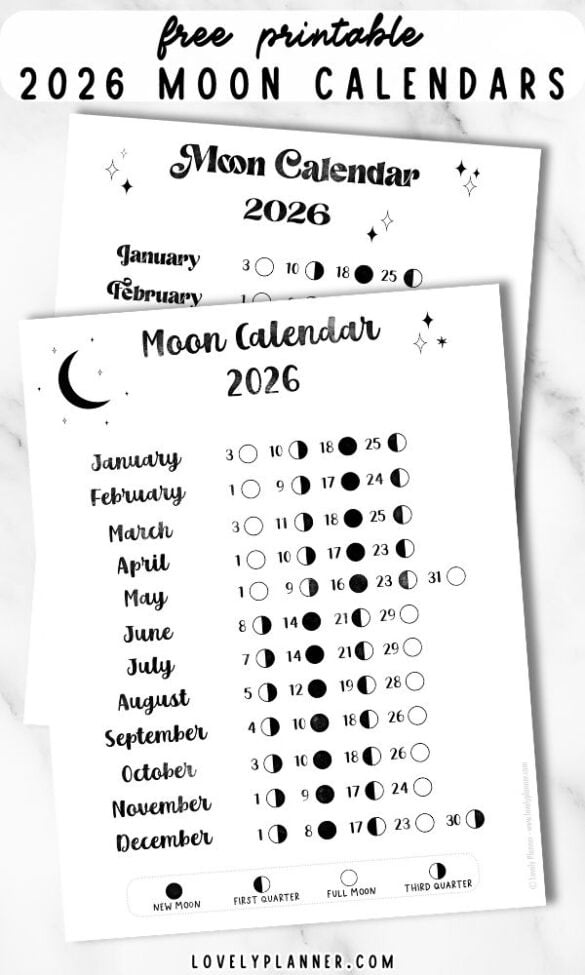 Free Printable Moon Calendar - Moon Phases for 2026 - Lovely Planner