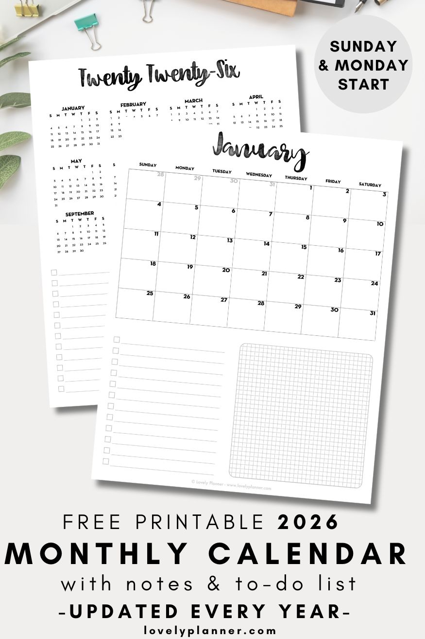 Free 2026 Calendar Notes Portrait