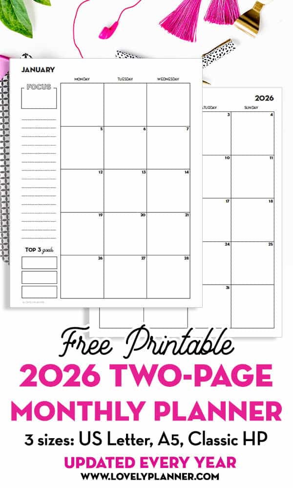 Free Printable 2026 Two-Page Monthly Planner 