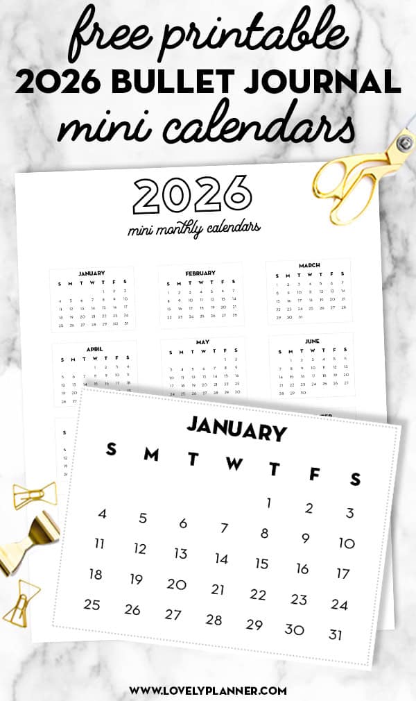 Free Printable 2026 Bullet Journal Mini Calendars - Lovely Planner