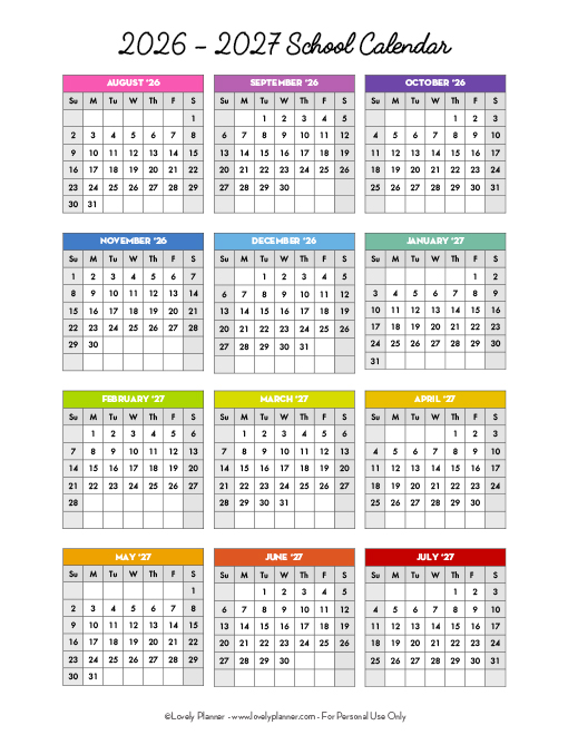 Preview Free Printable School Calendar 2026-2027 Academic Year