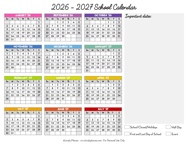 Free Printable School Calendar 2026 2027 landscape