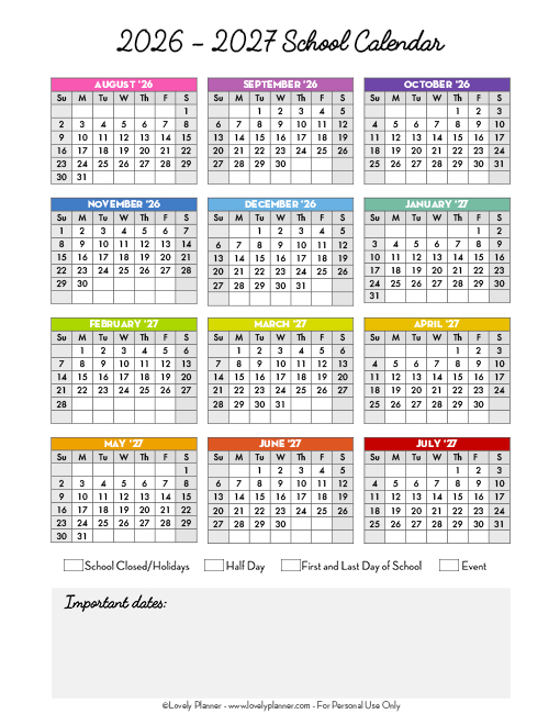 Preview Free Printable School Calendar 2026-2027