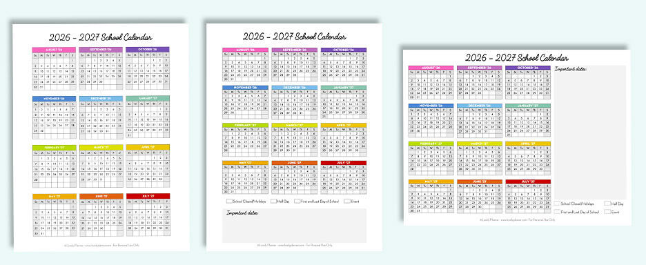 Free School Calendar 2026-2027