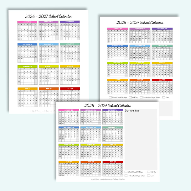 Free School Calendar 2026-2027