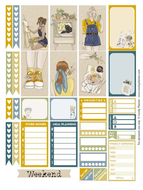 Free Printable Artsy Girl Planner Stickers - Weekly Kit - Lovely Planner
