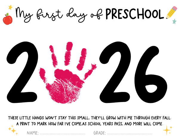 First day of preschool 2026 Handprint Template